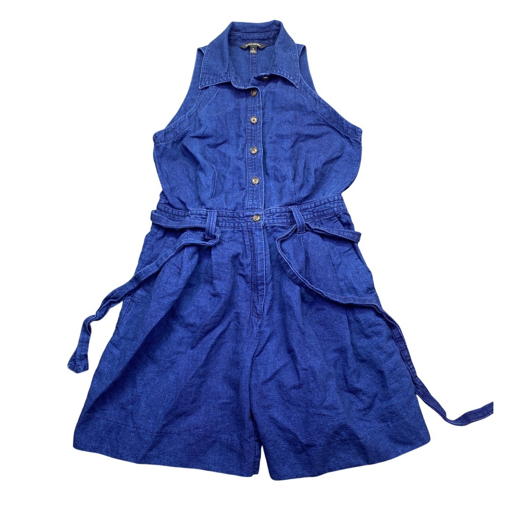 Banana Republic Indigo Linen Blend Sleeveless Button Down Romper Blue Size 6